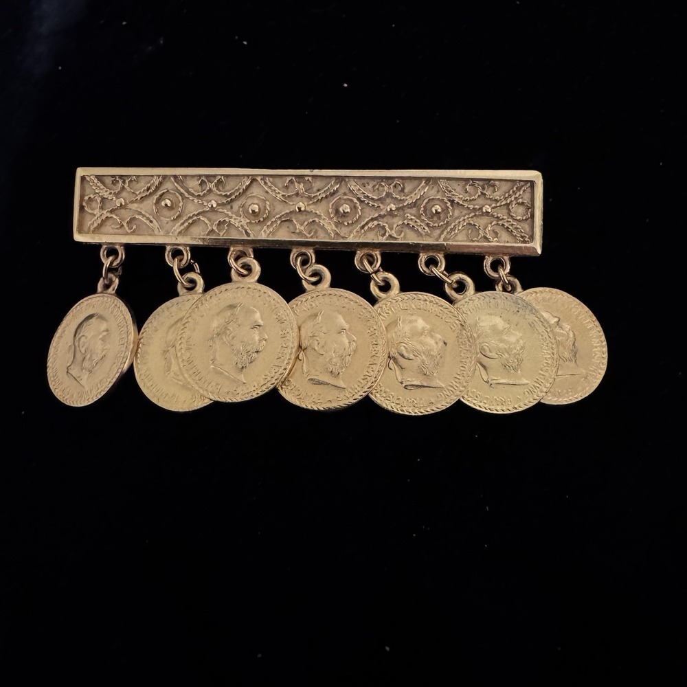 VINTAGE BEN-AMUN Victorian Revival Gold-Tone Roman 7 Coin Dangle Bar Brooch Pin